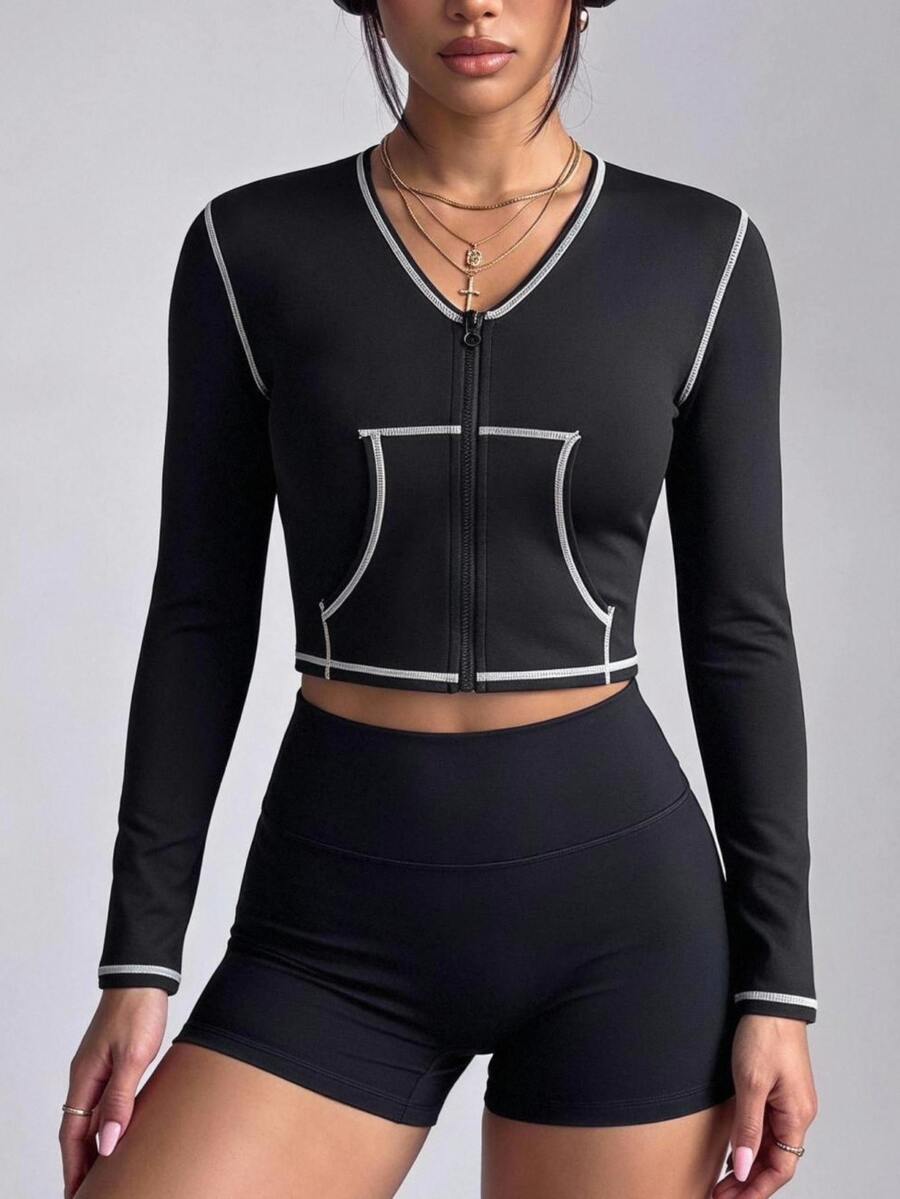 SHEIN Sports Women's Zipper Front Long Sleeve Sports Jacket Black And White Color-Block V-Neck Cardigan Autumn Running Workouts Outfits Pilates - Blue and White - View 1