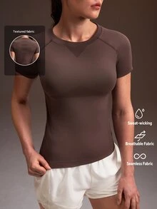 Powerista 女款四季運動保守風運動休閒無縫短袖運動T恤，透氣健身上衣，適合健身房運動，深棕色，夏季 - 棕色 - 查看 7