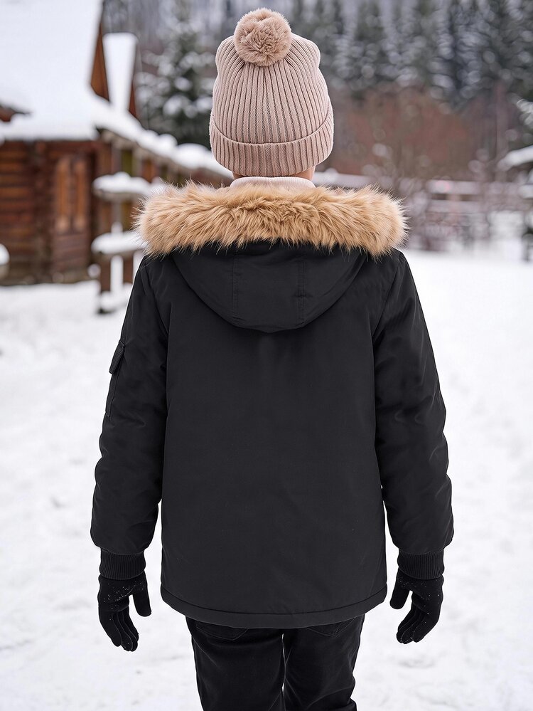 SHEIN Kids Tween Boy Casual Composite Fleece Lined Hooded Striped Mid-Weight Woven Jacket Parka Coat Suitable For School, Garden, Beach, Birthday Spring Summer Autumn Winter - Black - View 2