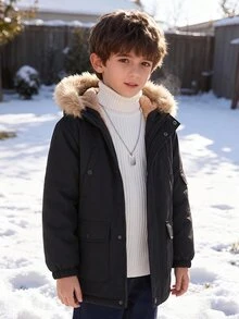 SHEIN 兒童青少年男孩休閒複合抓絨內裡連帽條紋中厚梭織夾克派克大衣，適合學校、花園、海灘、生日，春夏秋冬四季穿著 - 黑色 - 查看 4