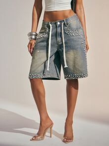 Denimoi Women's Faux Pearl Decor Drawstring Waist Pocket Loose Denim Shorts - Medium Wash - View 4