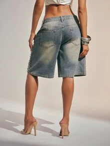 Denimoi Women's Faux Pearl Decor Drawstring Waist Pocket Loose Denim Shorts - Medium Wash - View 5