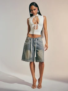 Denimoi Women's Faux Pearl Decor Drawstring Waist Pocket Loose Denim Shorts - Medium Wash - View 3