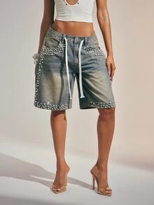 Denimoi Women's Faux Pearl Decor Drawstring Waist Pocket Loose Denim Shorts - Medium Wash - View 1