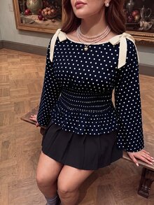 SHEIN MOD 大尺碼法式波點印花抓皺腰部上衣 秋季款 - 藏蓝色 - 查看 4