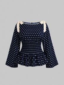 SHEIN MOD 大尺碼法式波點印花抓皺腰部上衣 秋季款 - 藏蓝色 - 查看 2