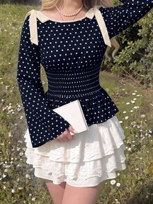 SHEIN MOD 大尺碼法式波點印花抓皺腰部上衣 秋季款 - 藏蓝色 - 查看 7