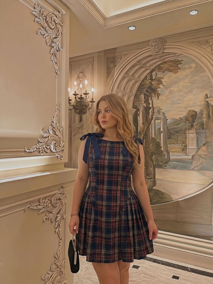 SHEIN MOD Plus Size Autumn Red & Blue Plaid Dress With Bow Tie Strap, Vintage Daily Wear, Girly Preppy Style, Casual Everyday - Multicolor - View 5