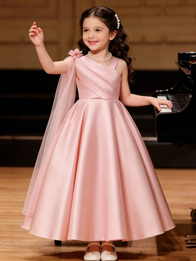 SHEIN Glamorique Kids Young Girl Blush Pink Asymmetric Satin Ball Gown, 3D Floral Accent, Elegant One Shoulder Ruched Princess Dress With Tulle Drape For Pageant Performance