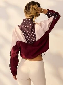 Aralina 女款拼色波點拉鍊立領長袖短版防風夾克外套，休閒外出度假街頭風，適合夏秋冬季 - 彩色 - 查看 2