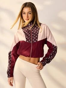 Aralina 女款拼色波點拉鍊立領長袖短版防風夾克外套，休閒外出度假街頭風，適合夏秋冬季 - 彩色 - 查看 8