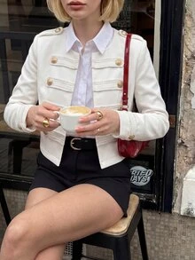 Struktiv Women's Autumn Fashion Elegant Preppy Napoleon Style Solid Color Round Neck Long Sleeve Jacket Suitable For Parties Everyday Office White And Gold - White - View 6