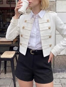 Struktiv Women's Autumn Fashion Elegant Preppy Napoleon Style Solid Color Round Neck Long Sleeve Jacket Suitable For Parties Everyday Office White And Gold - White - View 7