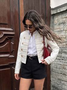 Struktiv Women's Autumn Fashion Elegant Preppy Napoleon Style Solid Color Round Neck Long Sleeve Jacket Suitable For Parties Everyday Office White And Gold - White - View 3