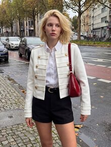 Struktiv Women's Autumn Fashion Elegant Preppy Napoleon Style Solid Color Round Neck Long Sleeve Jacket Suitable For Parties Everyday Office White And Gold - White - View 1