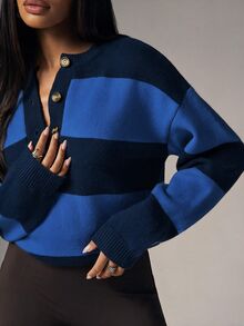 Denimoi Women Vintage Contrast Striped Knit Sweater Half Button Crew Neck Drop Shoulder Oversized Long Sleev - Blue - View 4