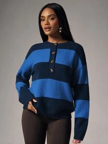 Denimoi Women Vintage Contrast Striped Knit Sweater Half Button Crew Neck Drop Shoulder Oversized Long Sleev - Blue - View 3