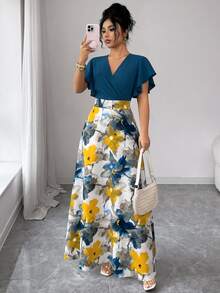 Elenzga Đầm nữ thanh lịch, nhiều màu sắc, họa tiết hoa, cổ chéo, tay ngắn bồng bềnh, dáng ôm xòe, thích hợp cho mùa xuân/hè. - Nhiều màu - Xem 6