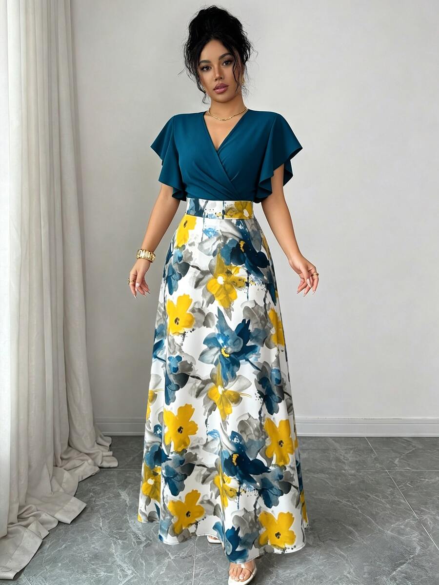 Elenzga Đầm nữ thanh lịch, nhiều màu sắc, họa tiết hoa, cổ chéo, tay ngắn bồng bềnh, dáng ôm xòe, thích hợp cho mùa xuân/hè.