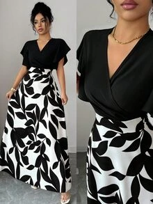Elenzga 女款春夏優雅酒紅葉片圖案設計百褶飄逸袖修身顯瘦大裙擺長洋裝 - 彩色 - 查看 3