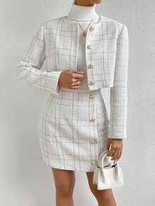 SHEIN LUNE Elegant Off-White Plaid Print Crop Jacket & Button Front Skirt,Ladies Autumn Office Two-Piece Outfits,Regular Fit Professional Business Workwear Set - White - View 6