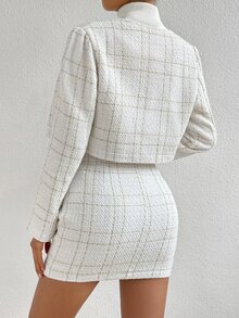 SHEIN LUNE Elegant Off-White Plaid Print Crop Jacket & Button Front Skirt,Ladies Autumn Office Two-Piece Outfits,Regular Fit Professional Business Workwear Set - White - View 2