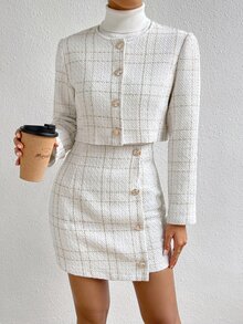 SHEIN LUNE Elegant Off-White Plaid Print Crop Jacket & Button Front Skirt,Ladies Autumn Office Two-Piece Outfits,Regular Fit Professional Business Workwear Set - White - View 5