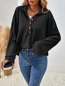 SHEIN Women's Drop Shoulder V-Neck Half Button Tee Fall Cloth For Women - Black - View 4