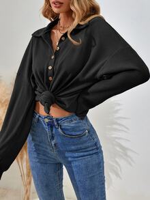 SHEIN Women's Drop Shoulder V-Neck Half Button Tee Fall Cloth For Women - Black - View 7