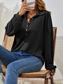 SHEIN Women's Drop Shoulder V-Neck Half Button Tee Fall Cloth For Women - Black - View 6