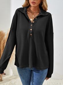 SHEIN Women's Drop Shoulder V-Neck Half Button Tee Fall Cloth For Women - Black - View 8
