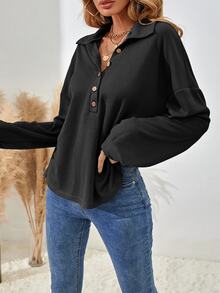 SHEIN Women's Drop Shoulder V-Neck Half Button Tee Fall Cloth For Women - Black - View 5