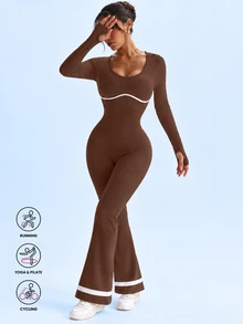StreetHx Women's Round Neck Long Sleeve Flare Leg Jumpsuit Workout Gym Brown Striped Autumn Modest Athleisure - Brown - View 3