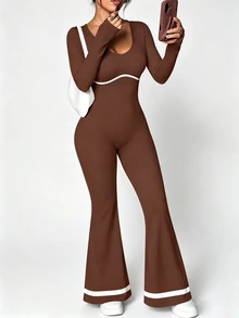 StreetHx Women's Round Neck Long Sleeve Flare Leg Jumpsuit Workout Gym Brown Striped Autumn Modest Athleisure - Brown - View 5