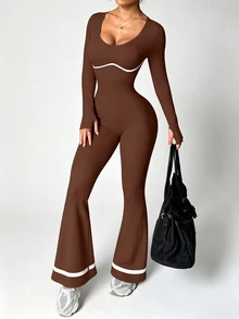 StreetHx Women's Round Neck Long Sleeve Flare Leg Jumpsuit Workout Gym Brown Striped Autumn Modest Athleisure - Brown - View 1