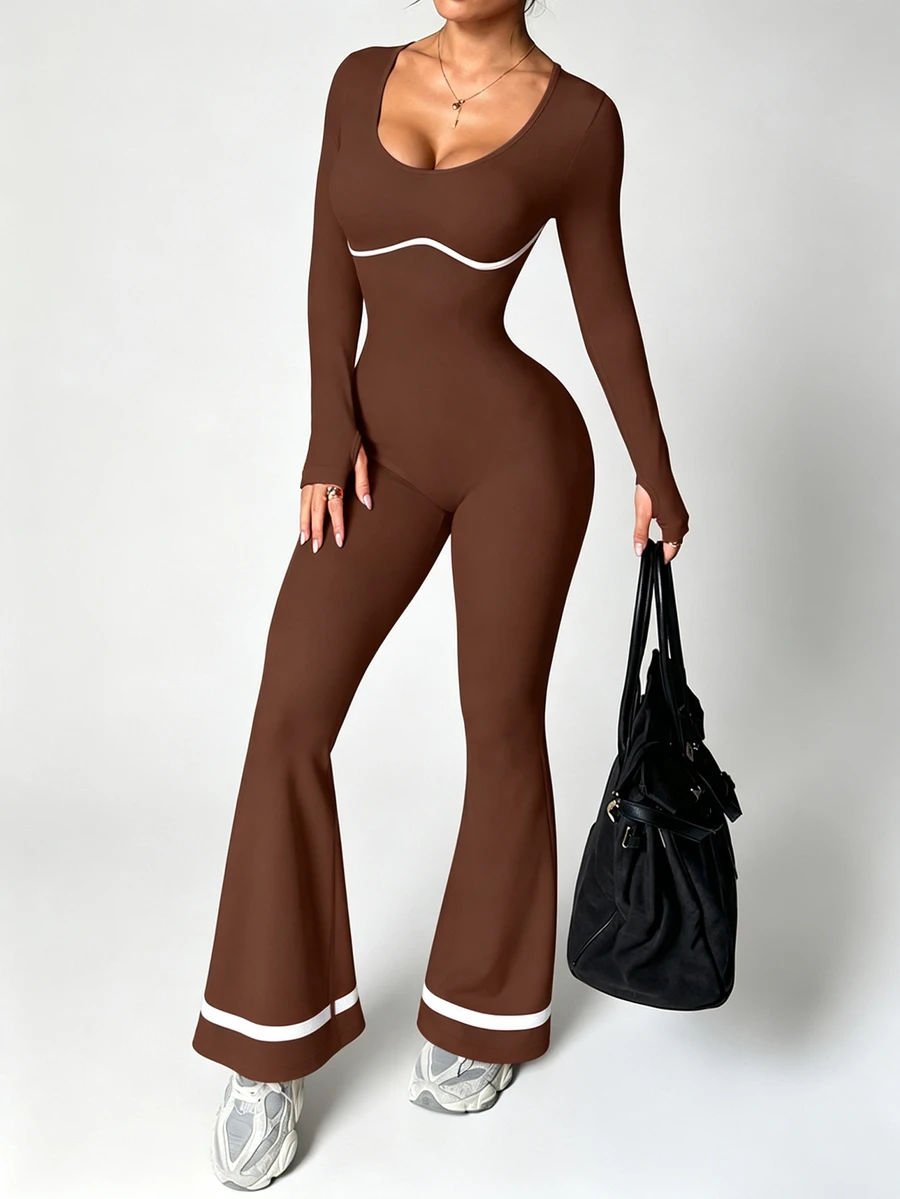 StreetHx Women's Round Neck Long Sleeve Flare Leg Jumpsuit Workout Gym Brown Striped Autumn Modest Athleisure - Brown - View 1