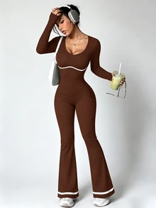 StreetHx Women's Round Neck Long Sleeve Flare Leg Jumpsuit Workout Gym Brown Striped Autumn Modest Athleisure - Brown - View 4