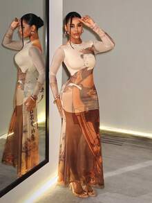 BamGleam Women's New Chinese Style Streetstyle Sexy Casual Earthy Graphic Ancient Poetry Lady Portrait Landscape Print Dress Night Out Everyday Beige Autumn - Multicolor - View 7