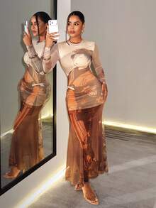 BamGleam Women's New Chinese Style Streetstyle Sexy Casual Earthy Graphic Ancient Poetry Lady Portrait Landscape Print Dress Night Out Everyday Beige Autumn - Multicolor - View 5