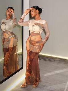BamGleam Women's New Chinese Style Streetstyle Sexy Casual Earthy Graphic Ancient Poetry Lady Portrait Landscape Print Dress Night Out Everyday Beige Autumn - Multicolor - View 9
