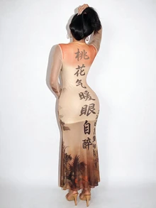 BamGleam Women's New Chinese Style Streetstyle Sexy Casual Earthy Graphic Ancient Poetry Lady Portrait Landscape Print Dress Night Out Everyday Beige Autumn - Multicolor - View 3
