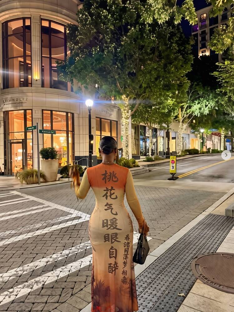 BamGleam Women's New Chinese Style Streetstyle Sexy Casual Earthy Graphic Ancient Poetry Lady Portrait Landscape Print Dress Night Out Everyday Beige Autumn - Multicolor - View 1
