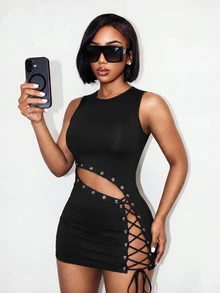 BamGleam Solid Color Round Neck Sleeveless Fitted Hollow Eyelet Fashion Summer Dress - Black - View 6