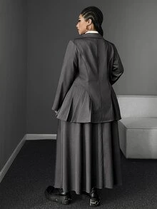 Mawevolt Plus Size Women's French Academy Style Cinched Waist Pleated Blazer & Long Skirt 2 Pieces Set Fall - Grey - View 6