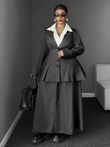 Mawevolt Plus Size Women's French Academy Style Cinched Waist Pleated Blazer & Long Skirt 2 Pieces Set Fall - Grey - View 2
