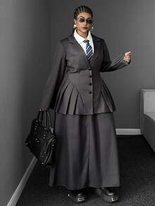 Mawevolt Plus Size Women's French Academy Style Cinched Waist Pleated Blazer & Long Skirt 2 Pieces Set Fall - Grey - View 5