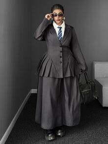 Mawevolt Plus Size Women's French Academy Style Cinched Waist Pleated Blazer & Long Skirt 2 Pieces Set Fall - Grey - View 3