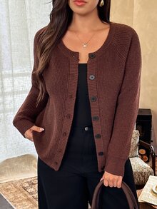 Vionelle Autumn/Winter Plus Size Brown Vertical Ribbed Knit Cardigan, Women's Round Neck Raglan Long Sleeve Front Button Loose Casual Knit Sweater Jacket - Brown - View 4