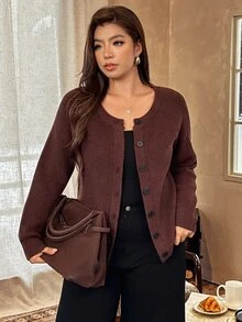 Vionelle Autumn/Winter Plus Size Brown Vertical Ribbed Knit Cardigan, Women's Round Neck Raglan Long Sleeve Front Button Loose Casual Knit Sweater Jacket - Brown - View 3