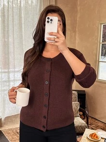 Vionelle Autumn/Winter Plus Size Brown Vertical Ribbed Knit Cardigan, Women's Round Neck Raglan Long Sleeve Front Button Loose Casual Knit Sweater Jacket - Brown - View 6
